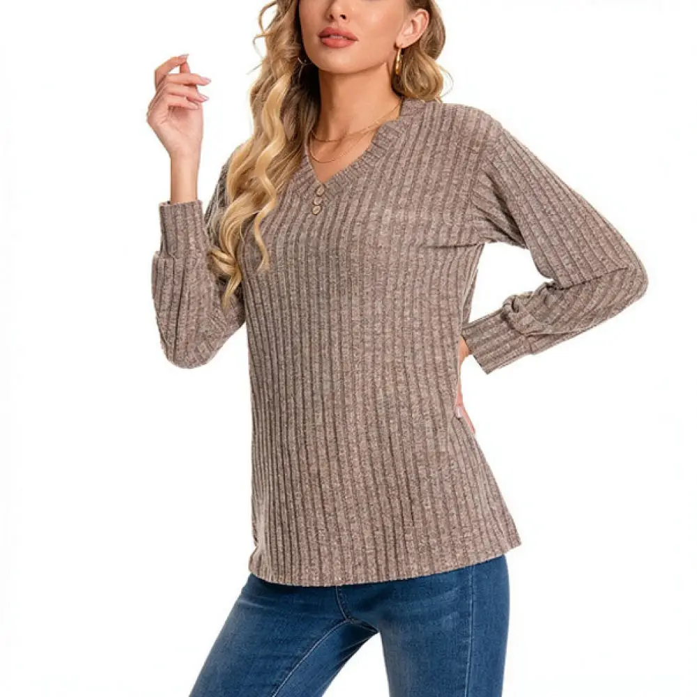 Womens Brushed Ribbed Knit V Neck Long Sleeve Sweater Autumn Winter Pullover Elegant Slim Fit Casual Solid Soft Tops