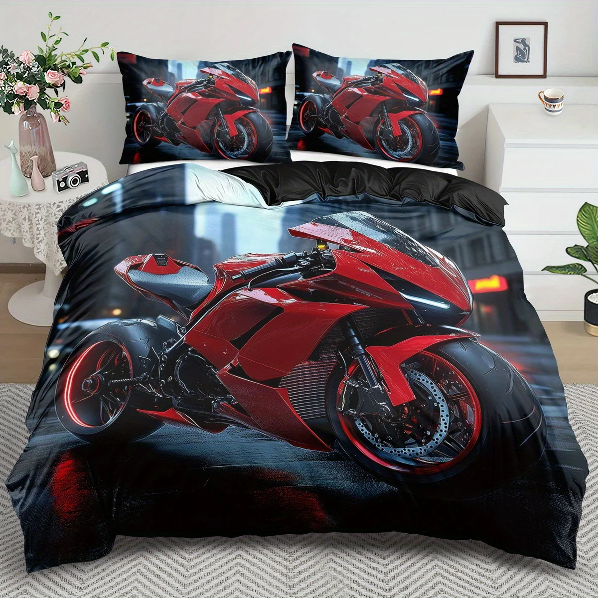 Motorcycle Duvet Cover Set No Filling Vehicle Themed Printed 3pcs Bedding Set Queen Size Red Motorcycle Cool Visual For Teen Boy