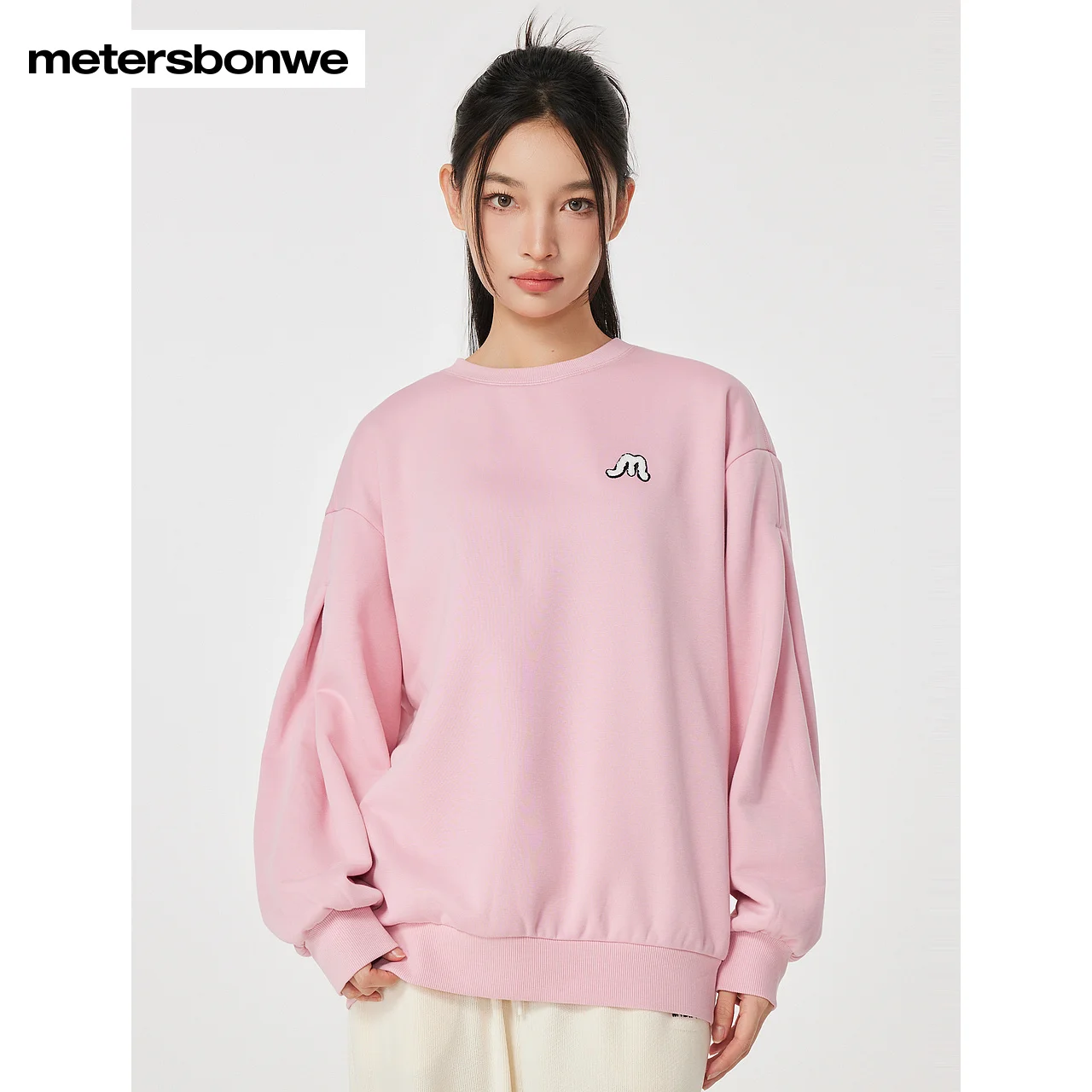 

Metersbonwe-Women's Fleece-Lined Simple Pullover Oversized Crewneck Loose Sweatshirt Commuter Casual Winter