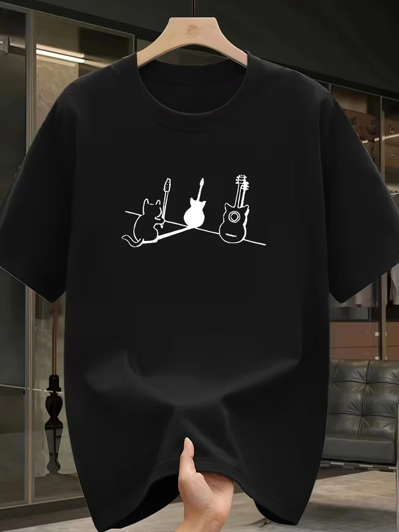 T-shirt noir avec graphique minimaliste de guitare et de musique chat – T-shirt ample à col rond pour un usage quotidien et formel – Toutes saisons