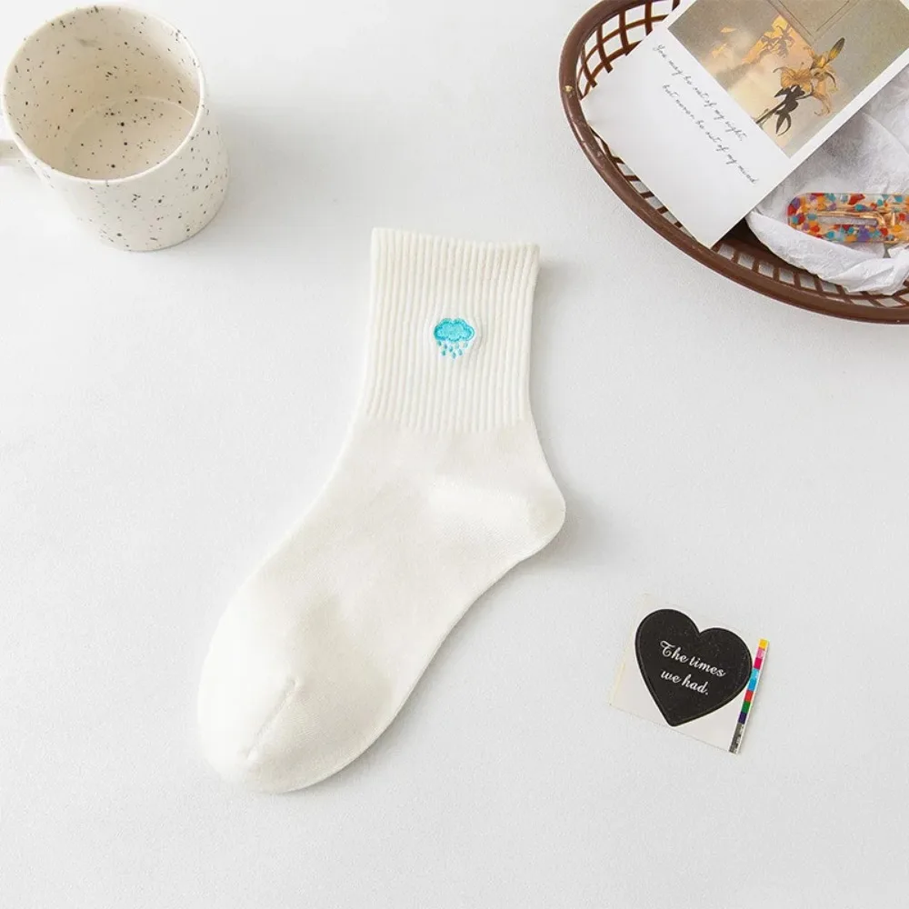 Spring and Summer Socks Japanese Medium Length Sock Pure White Cotton Weather Style Embroidered Socks for Women Calcetines Mujer