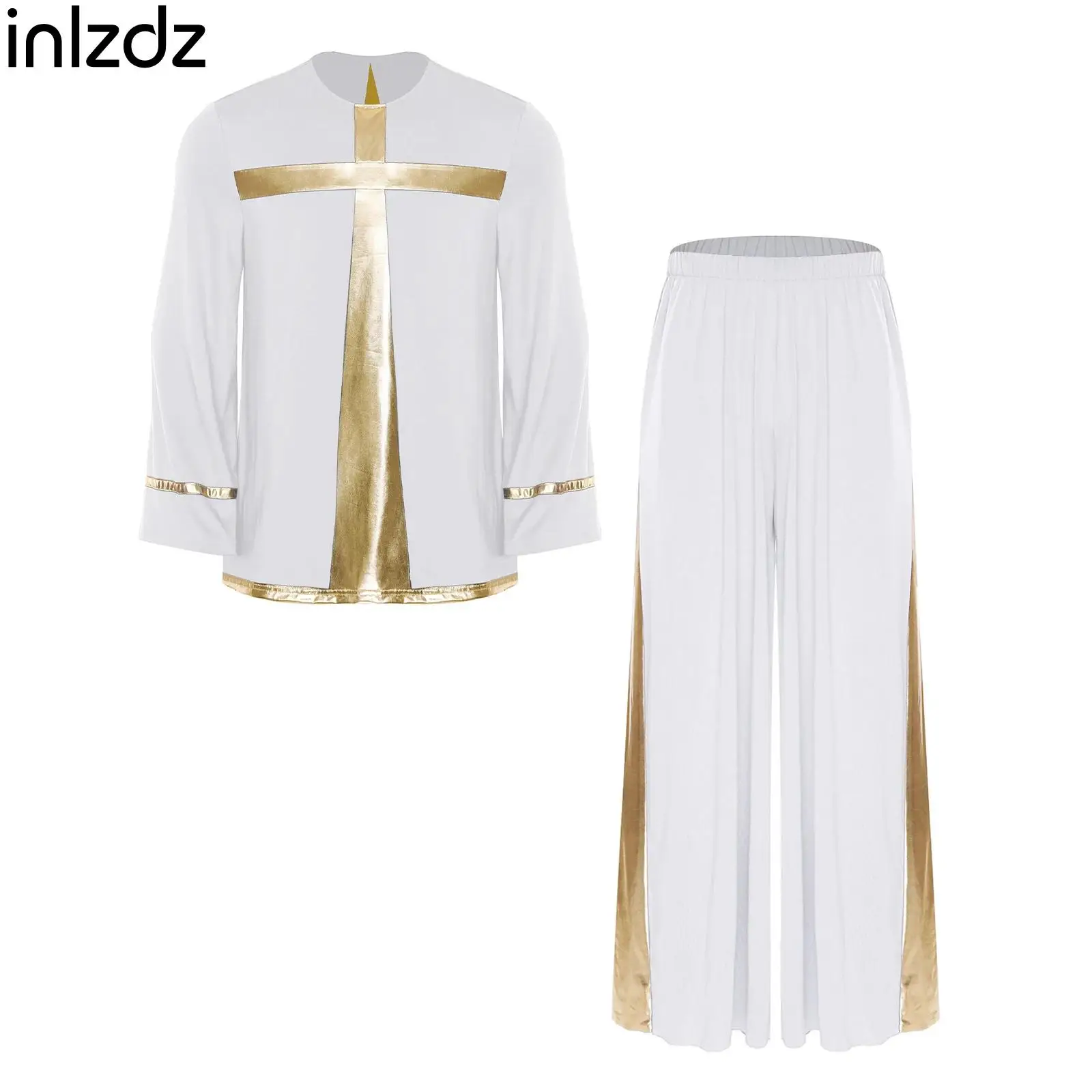 

Men Liturgical Church Choir Worship Outfit Praise Lyrical Dance Costume Metallic Shiny Long Sleeve Pullover Tunic Shirt+Pant Set