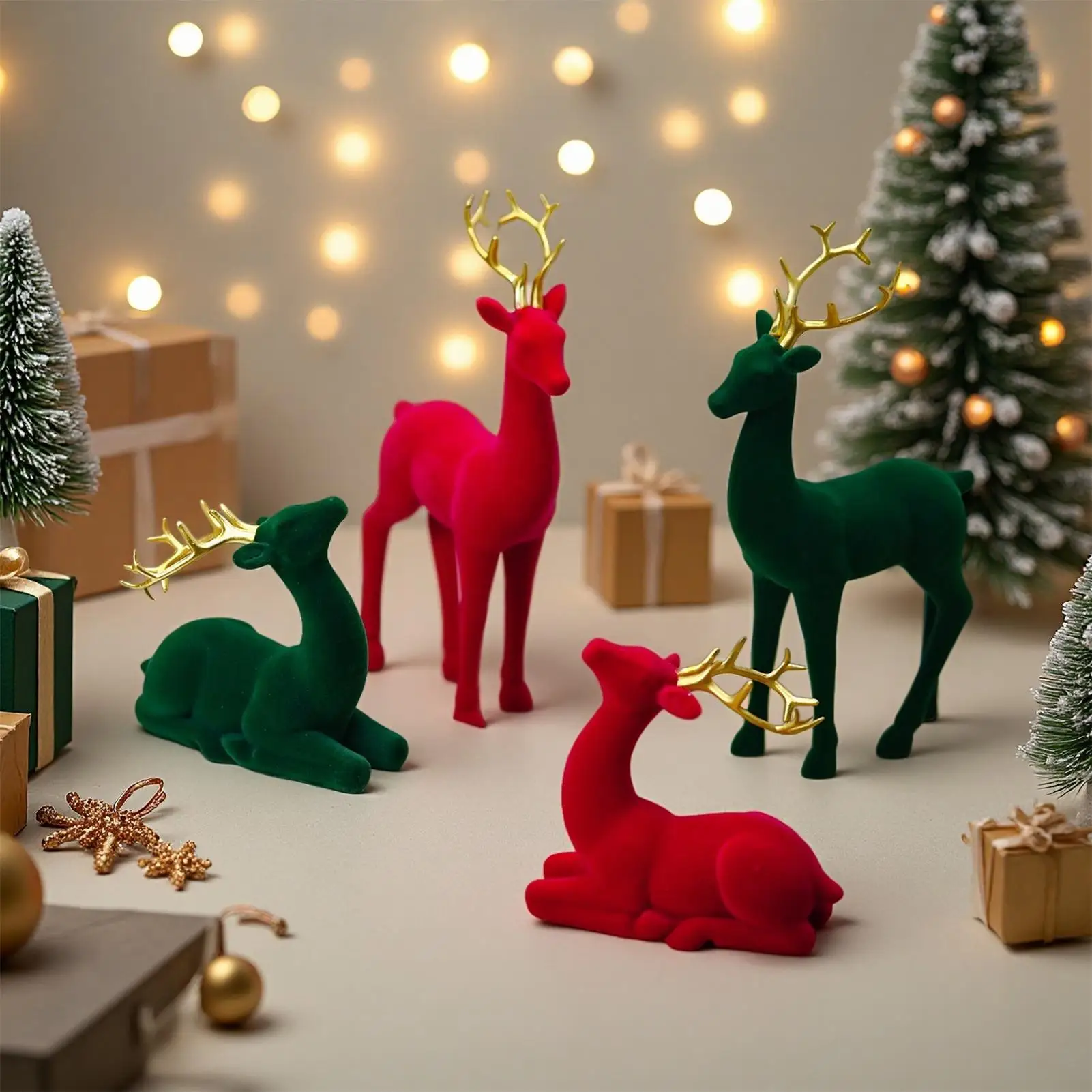 Christmas Deer Figurines Flocking Christmas Animals 2 Pieces Standing Sitting Sculpture Red Green Aesthetic Elk for Party
