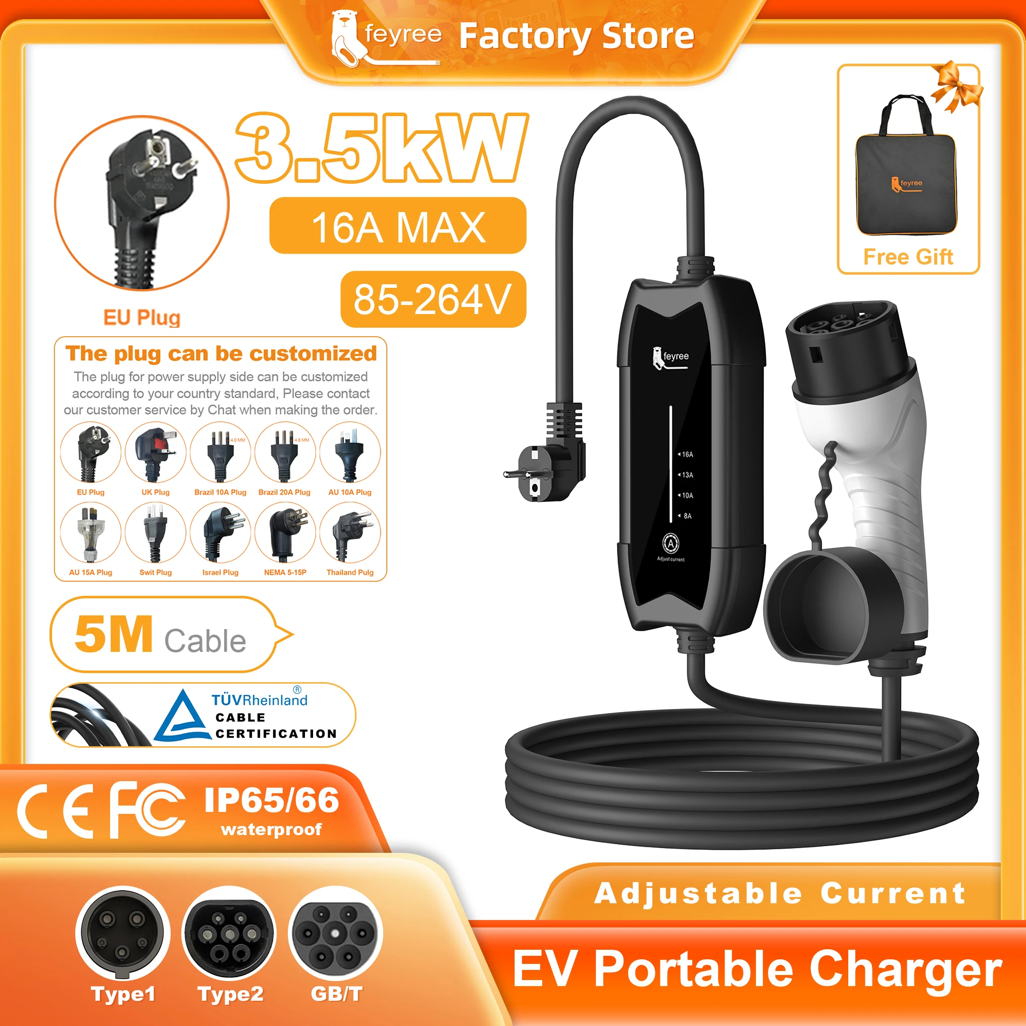 

Портативное зарядное устройство Feyree EV Type2/GB/T, разъем 16A, 1 фаза, 3,5 кВт, тип1, 5 м, зарядная станция Wallbox для электромобиля