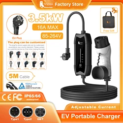 feyree EV Portable Charger Type2 / GB/T Plug Connector 16A 1Phase 3.5KW Type1 5m Wallbox Charging Station for Electric Vehicle