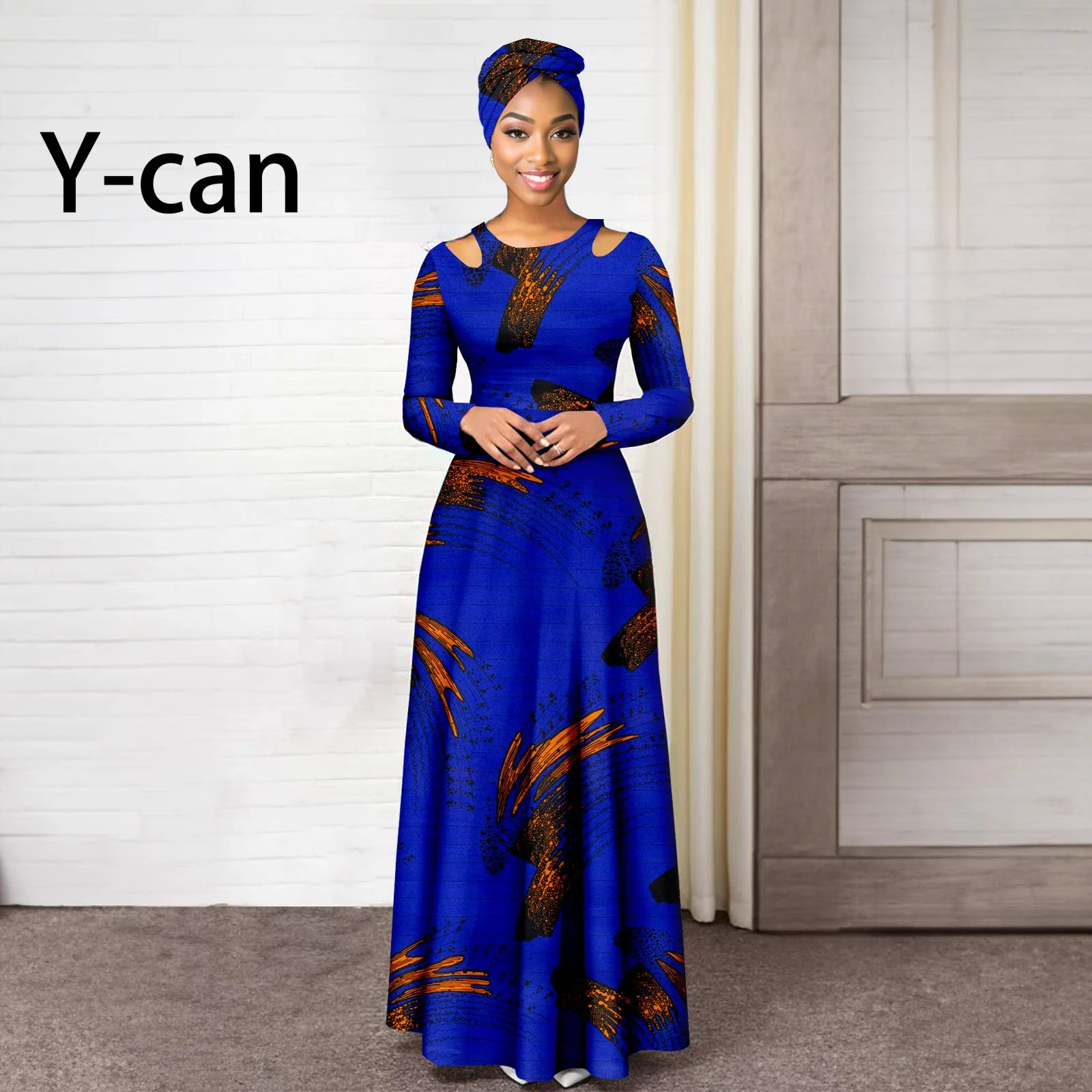 African Dresses for Women 2023 Dashiki Print Sexy Hollow Maxi Vestidos Match Headscarf Wedding Date Prom Gown Y2325104