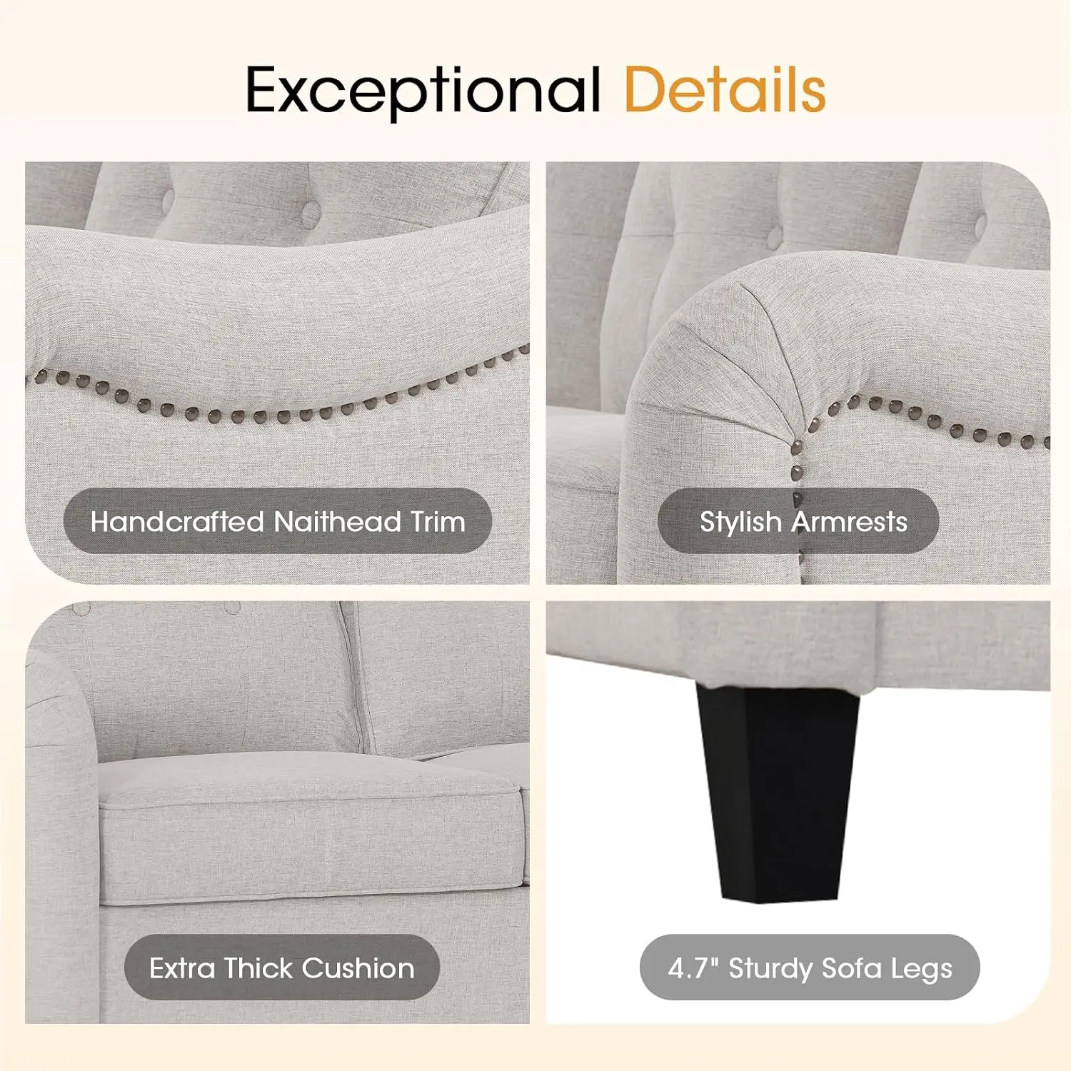 3 Piece Sofa & Loveseat Set Tufted Back Curved Armrest Nailhead Trim Linen Living Room Beige, Customized