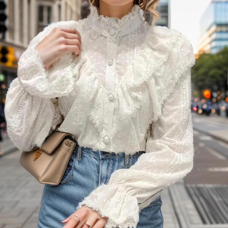 Fashion Long Sleeve Loose Chiffon Shirt Korean Style Ruffle Stitching Lace Blouse Elegant Stand Collar Pleated Tops Blusas 15832