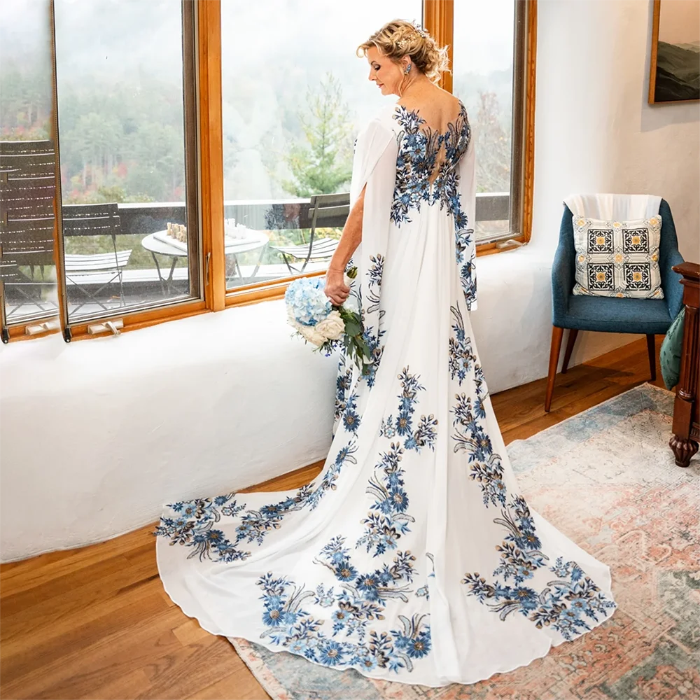 Plus Size Blue Embroidery Sequins Lace Wedding Dress Long Cape Sleeves Ruched Chiffon Customized Alternative V Neck Bridal Gowns