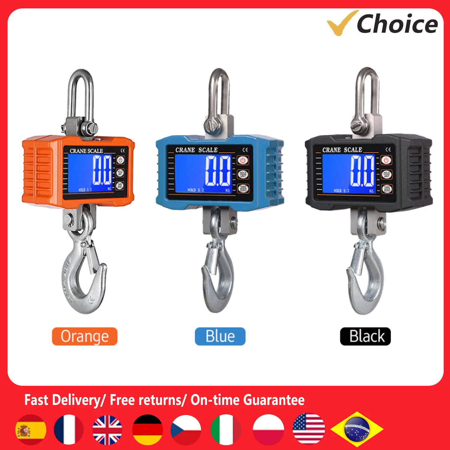 Digital Hanging Scale 1000kg/ 2204lbs Portable Heavy Duty Crane Scale LCD Backlight Industrial Hook Scales Unit Change/Data Hold