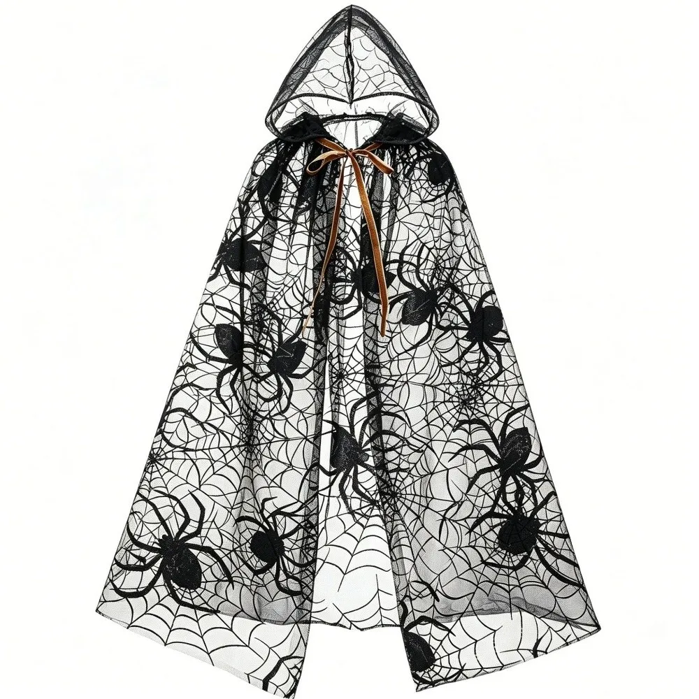 Gothic Style Lightweight Halloween Hooded Cape Semi-transparent Bat Spider Web Mesh Cardigan Black Creative Long Cloak Women