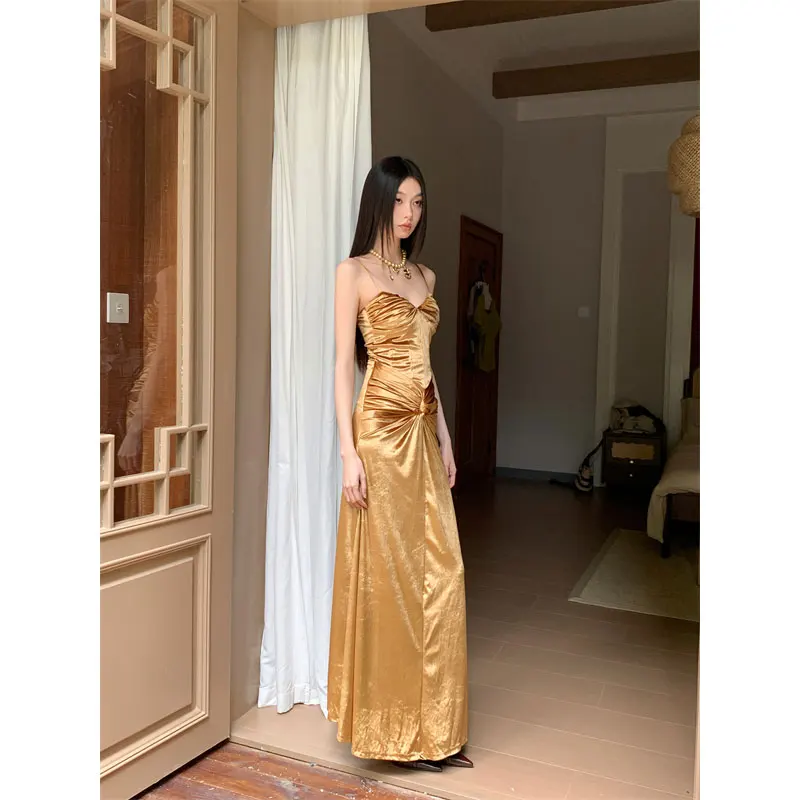 RORORIRI Abiti da sera eleganti dorati Cinturino in velluto Abiti da ballo a sirena Slim Fit Lunghezza pavimento Gala Party robe de soirée mariage