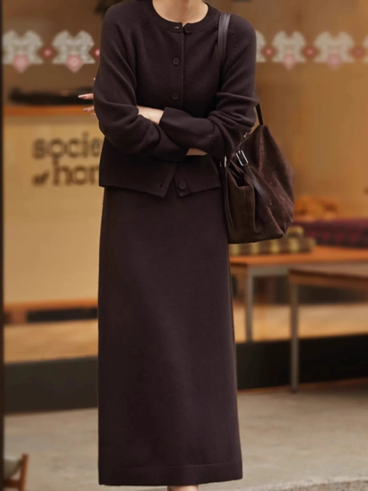 الشعور بالصف! مزاجه جولة الرقبة 100 الكشمير الخالص متماسكة سترة دعوى المرأة فضفاضة أسفل سترة معطف