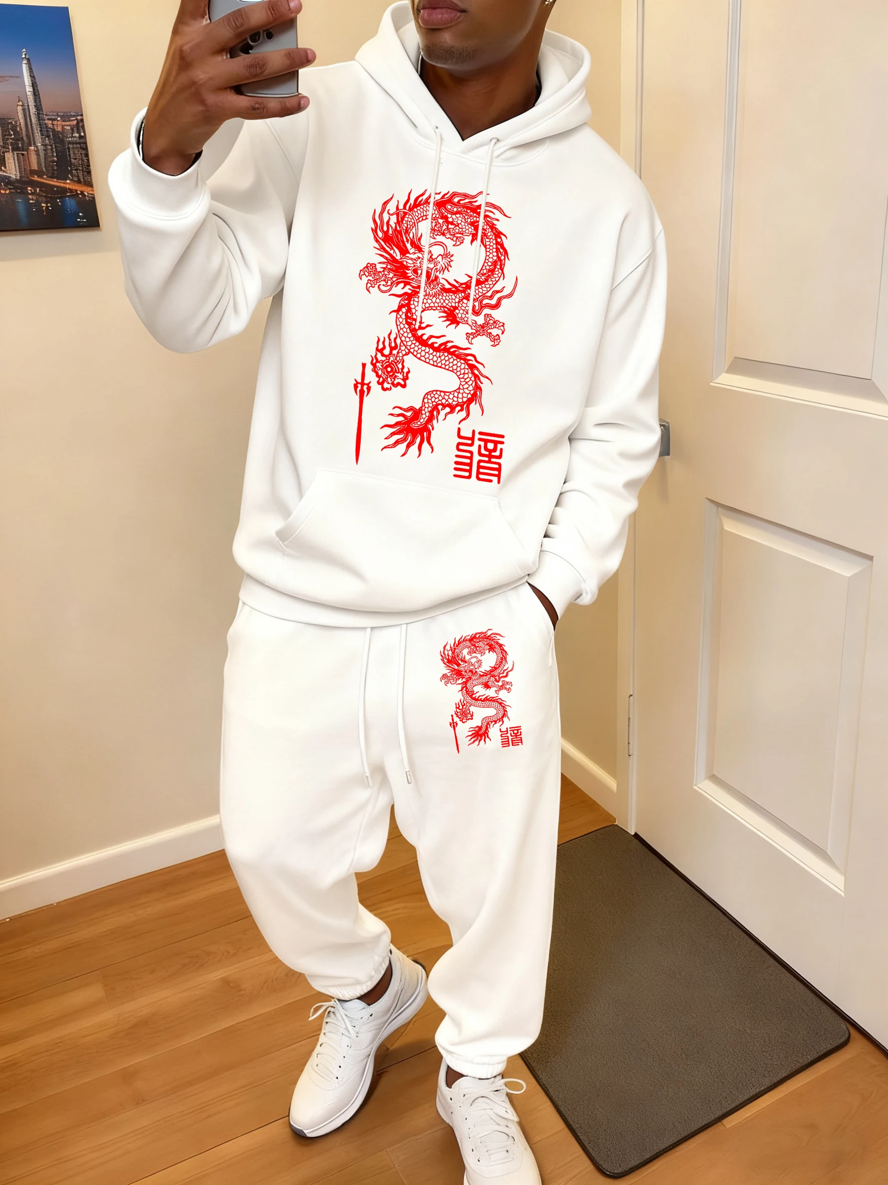 Flying Dragon And Sword Prints Mens Fashion Soft Hoodie Set Pocket Casual Tracksuit Autumn Jogging Pants Sport Comfy Sweatpants