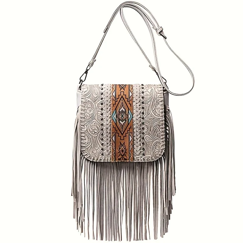 

Bohemian Ethnic Geometric Shoulder Bag Vintage Fringe Rivet Design High Quality Adjustable Strap Trendy Western Style Bag