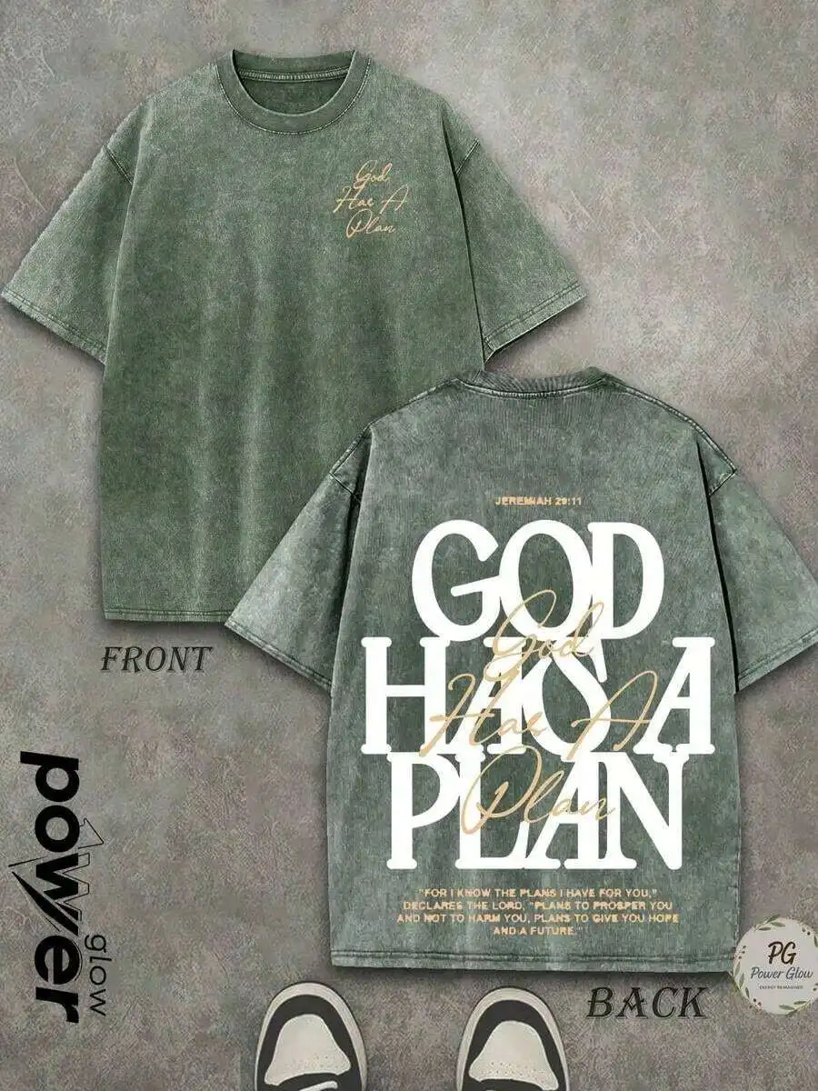 

God Has A Plan Graphic Tee Double Sided Print Washed Cotton T-Shirt Unisex Street Style Vintage Tee