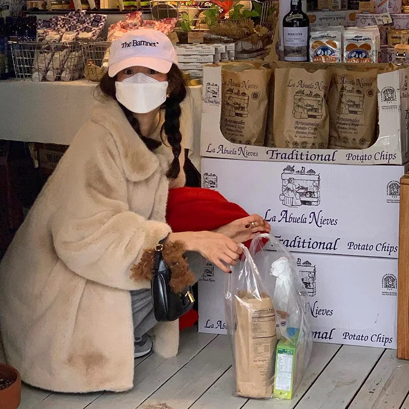 Faux Fur Coats Women Mid Length Coat Elegant Overcoat Thick Warm Y2k Streetwear Warm Jackets Outerwear 2025 Autumn Winter