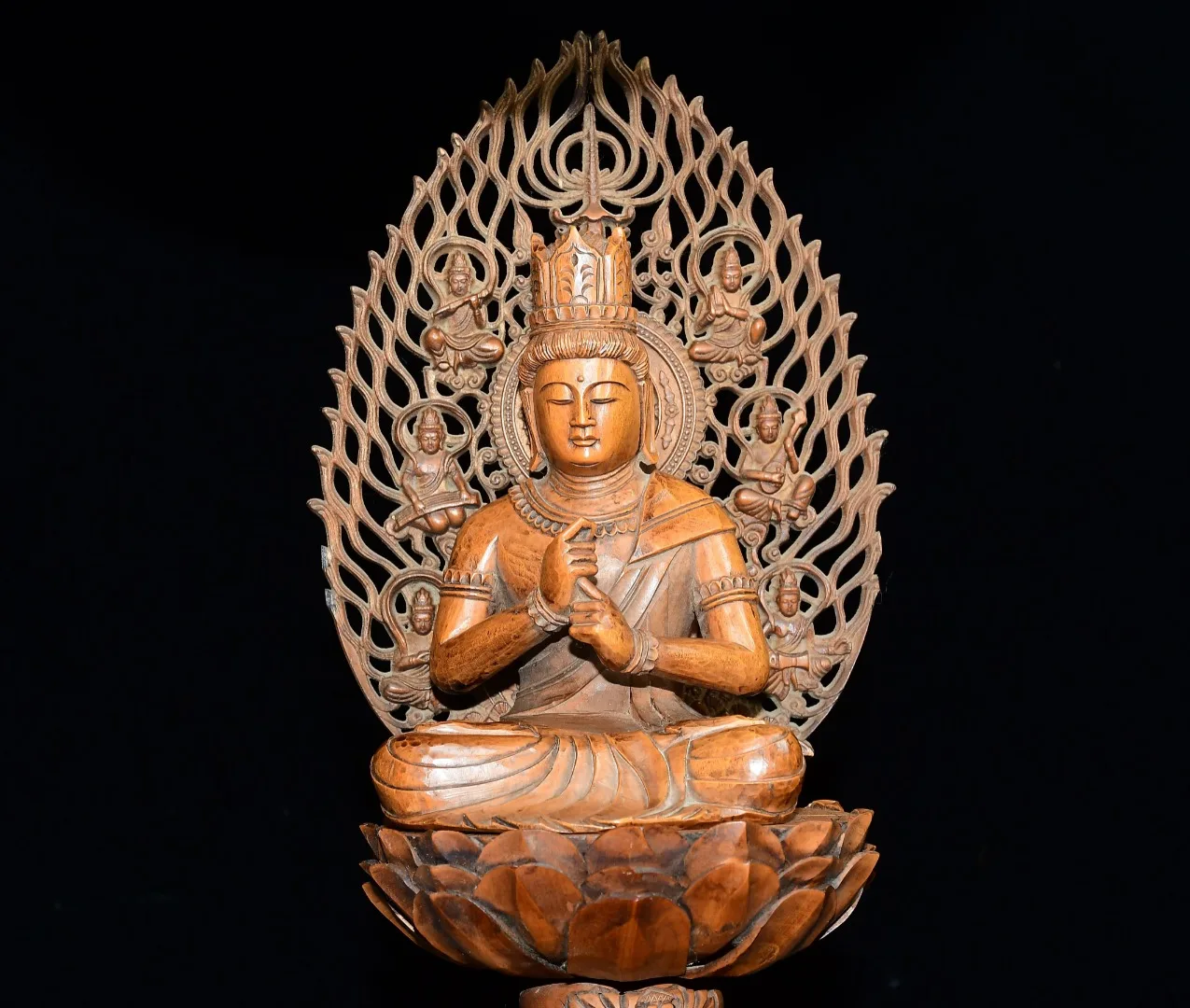 Old Boxwood backlight Lotus Buddha Terrace Four armed Guanyin Sitting Buddha screen Wenfang Amass wealth Ornaments