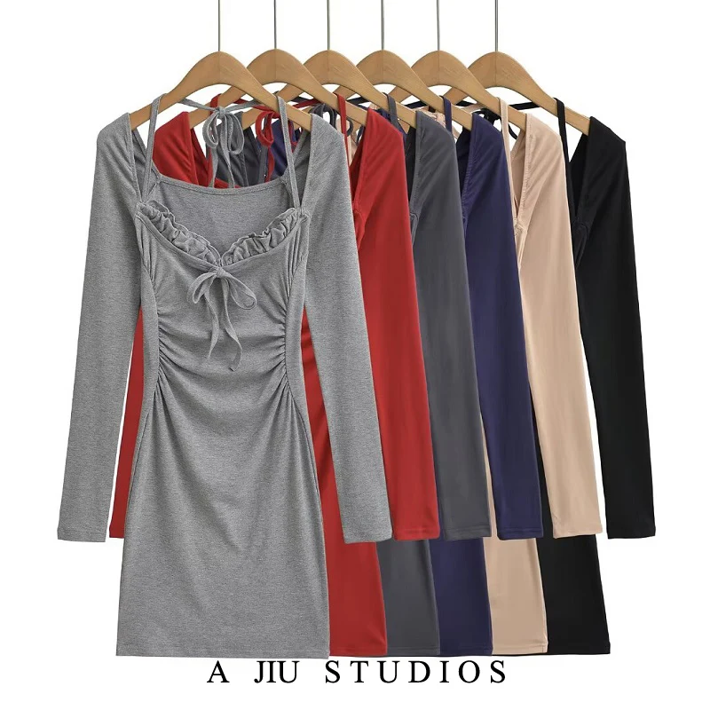 

Sexy Wind-Bound Strap Ne Waist-Cinching Bodycon Dr ort Skirt Women's Pure Desire Pleated Wood ain Hot Girl Sle