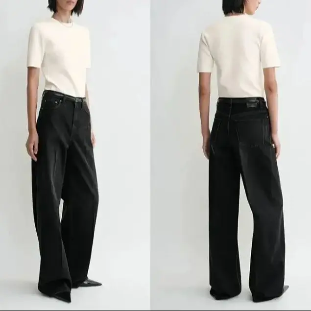 

Women Versatile deep gray high waisted wide leg straight denim pants