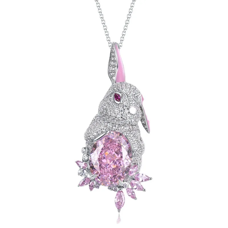 

2023 New 925 Silver 12 * 16 Pink Diamond High Carbon Diamond Luxury Set with Full Diamond Cute Rabbit Necklace Pendant for Women