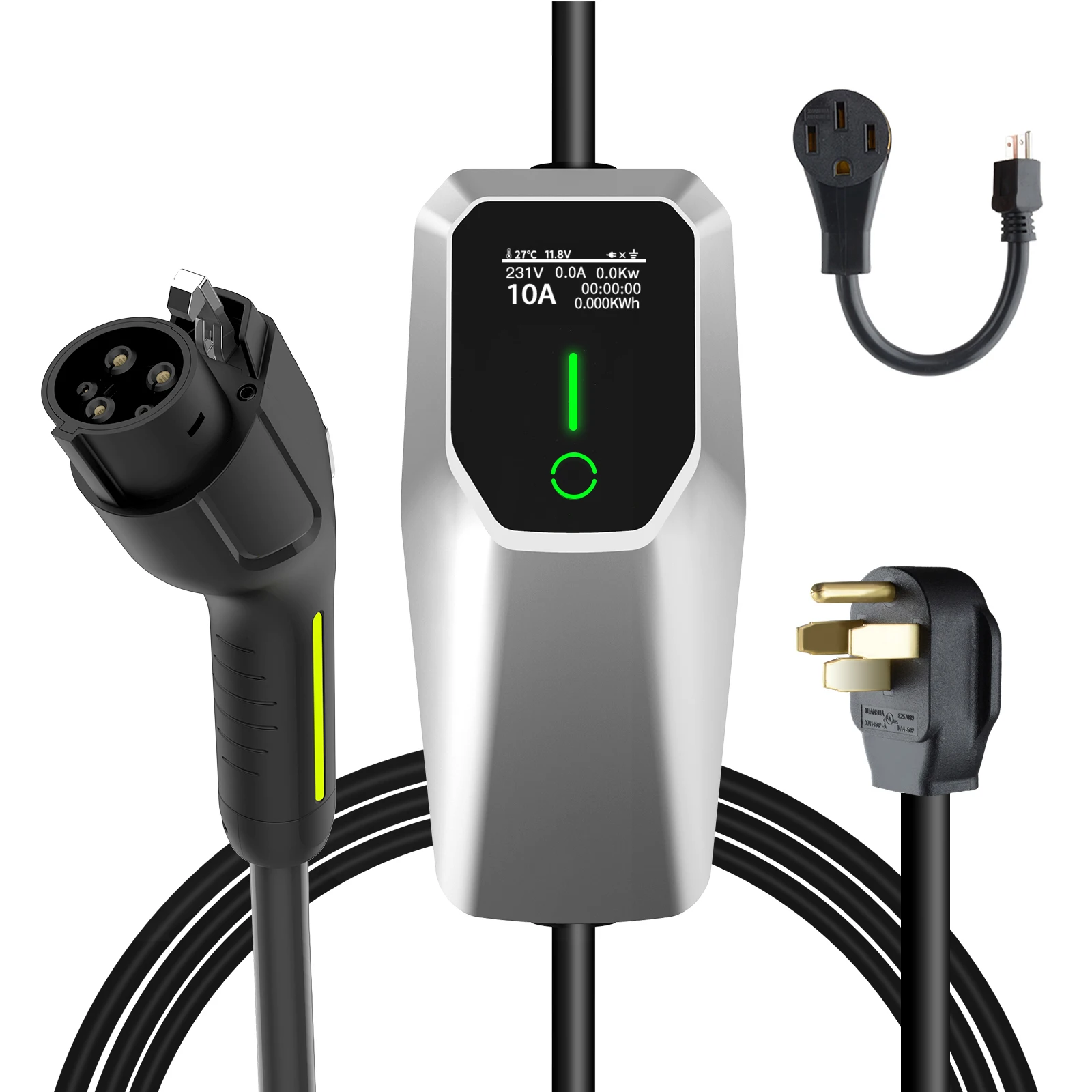 Junsun Mode 2 EV Charger 32A 7KW US Standard Single Phase Electric Vehicle Charging Cable with Silver Control Box, Adjustable Current 6A/8A/10A/13A/16A/20A/24A/32A, NEMA 14-50P Plug + 5-15P Adapter, 8M Portable Car Charger with Carry Bag