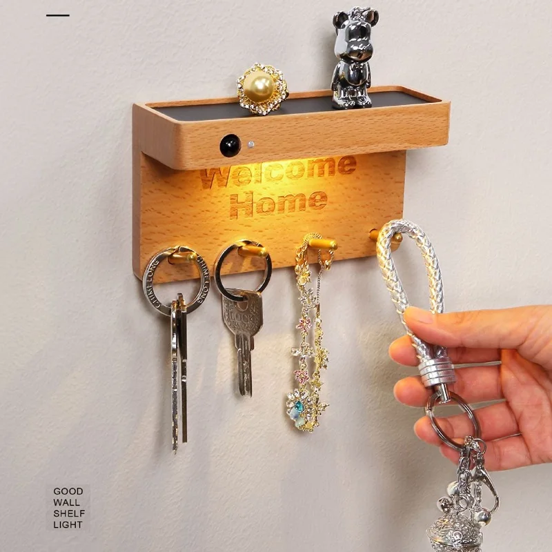 Home Garden Human Body Induction Solid Wood Wall Light Key Hanging Hook Storage No Wiring Required Rechargeable Magnetic Lamp