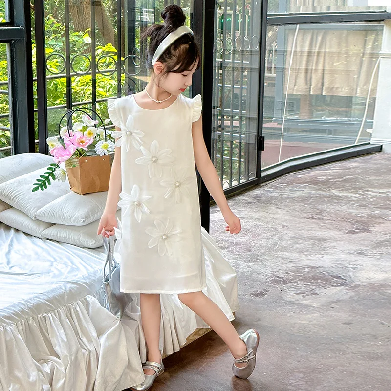 Girls Dress 2024 Summer New Childrens Wear Foreign Sweet Three-dimensional Flower Vest Flying Sleeve Princess Dress Casual image 5