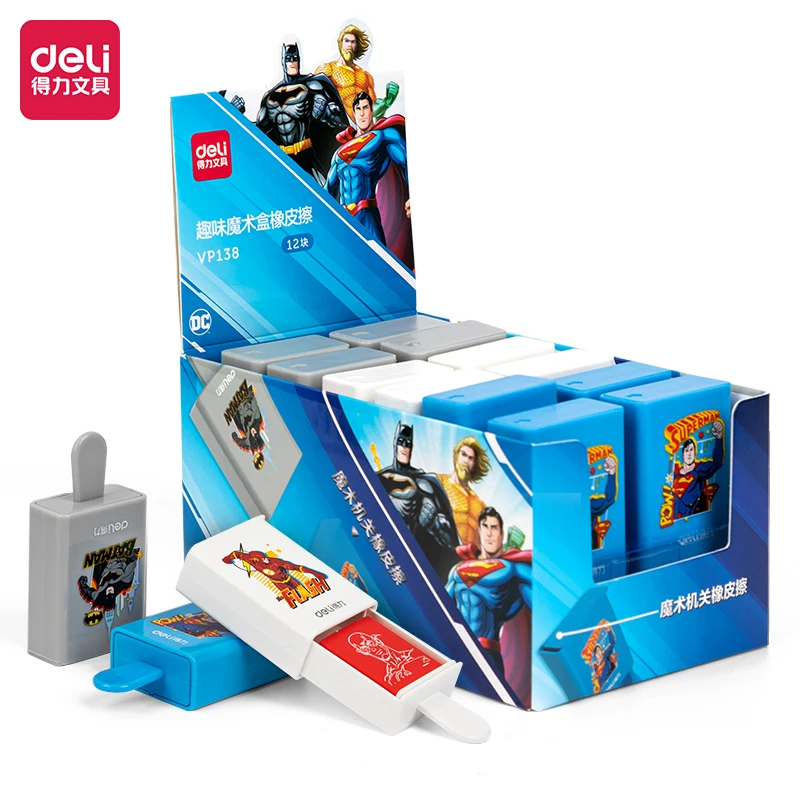 3pcs DELI VP138 Liga Justiça DC Caixa Mágica Cartoon Erasers Escola Estudante Suprimentos Papelaria