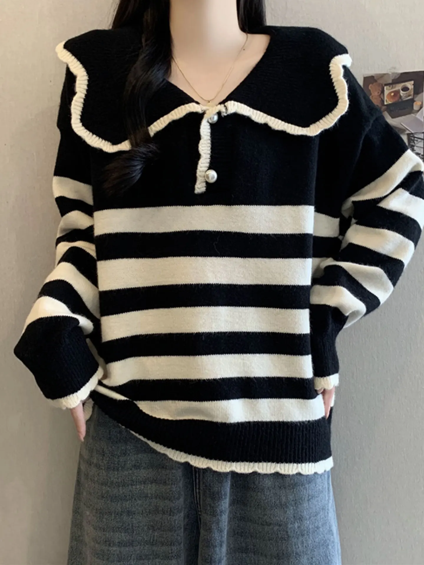

Loose Knitted Long Sve Doll Collar Sweater Women's Autumn Winter plus Size Beautiful Striped Top Casual Sle Soft Fabric