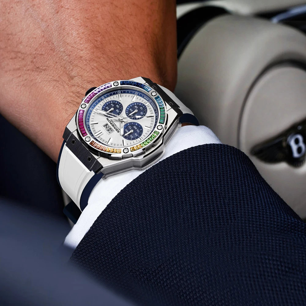 

2025 Men's Sport Mechanical Watch Analog Automatic Wristwatch with Silicone Strap Rainbow Diamond Stainless Steel Waterproof