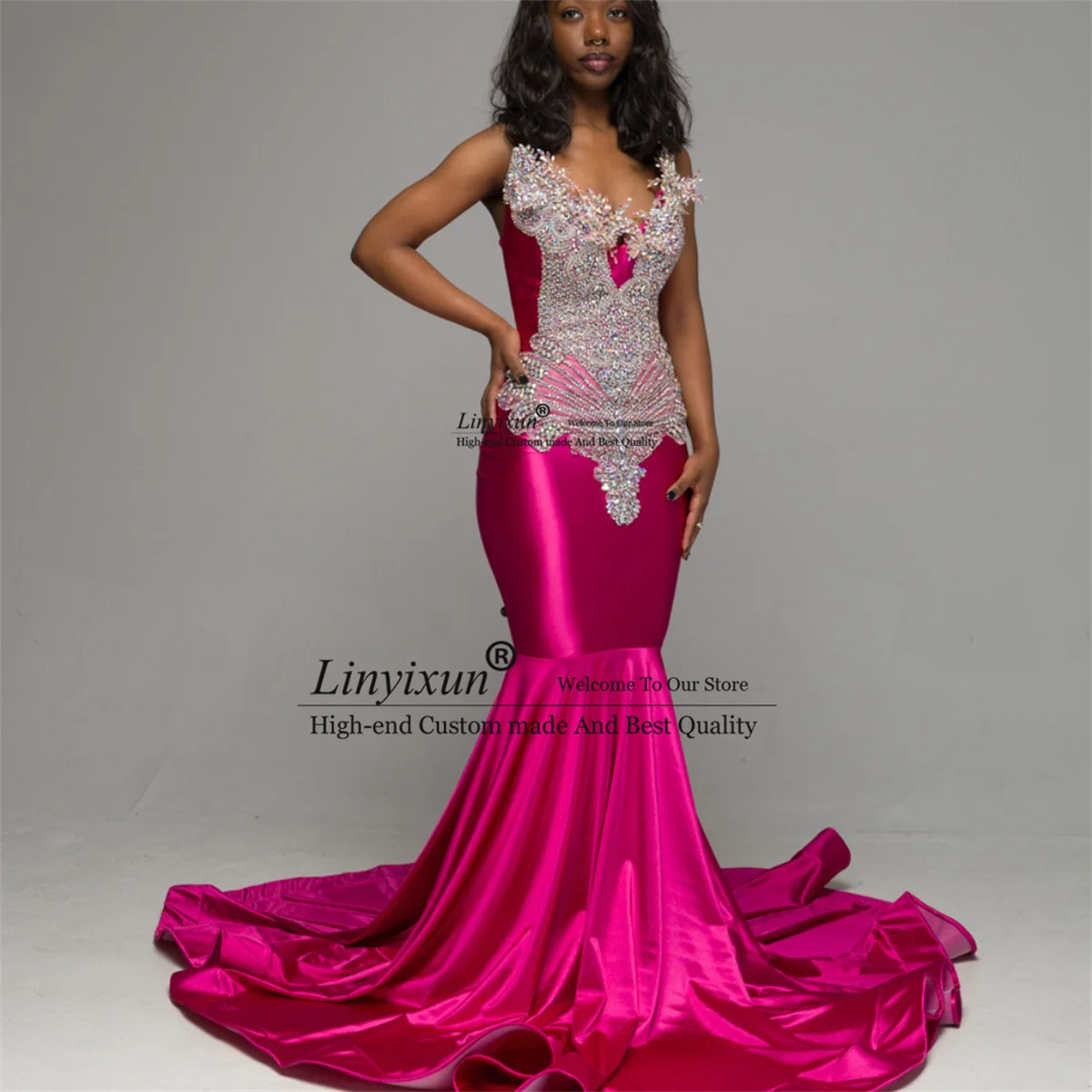 

Luxury Crystals Diamond Mermaid Prom Dress Sweetheart 3D Floars Evening Gown Customized African Black Girl Wedding Party Dress