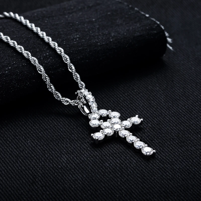 MossanRappr 8.1cttw D Color Moissanite Diamond Cross Necklace for Men Women 925 Sterling Silver Luxury Iced Out Hip Hop Pendant