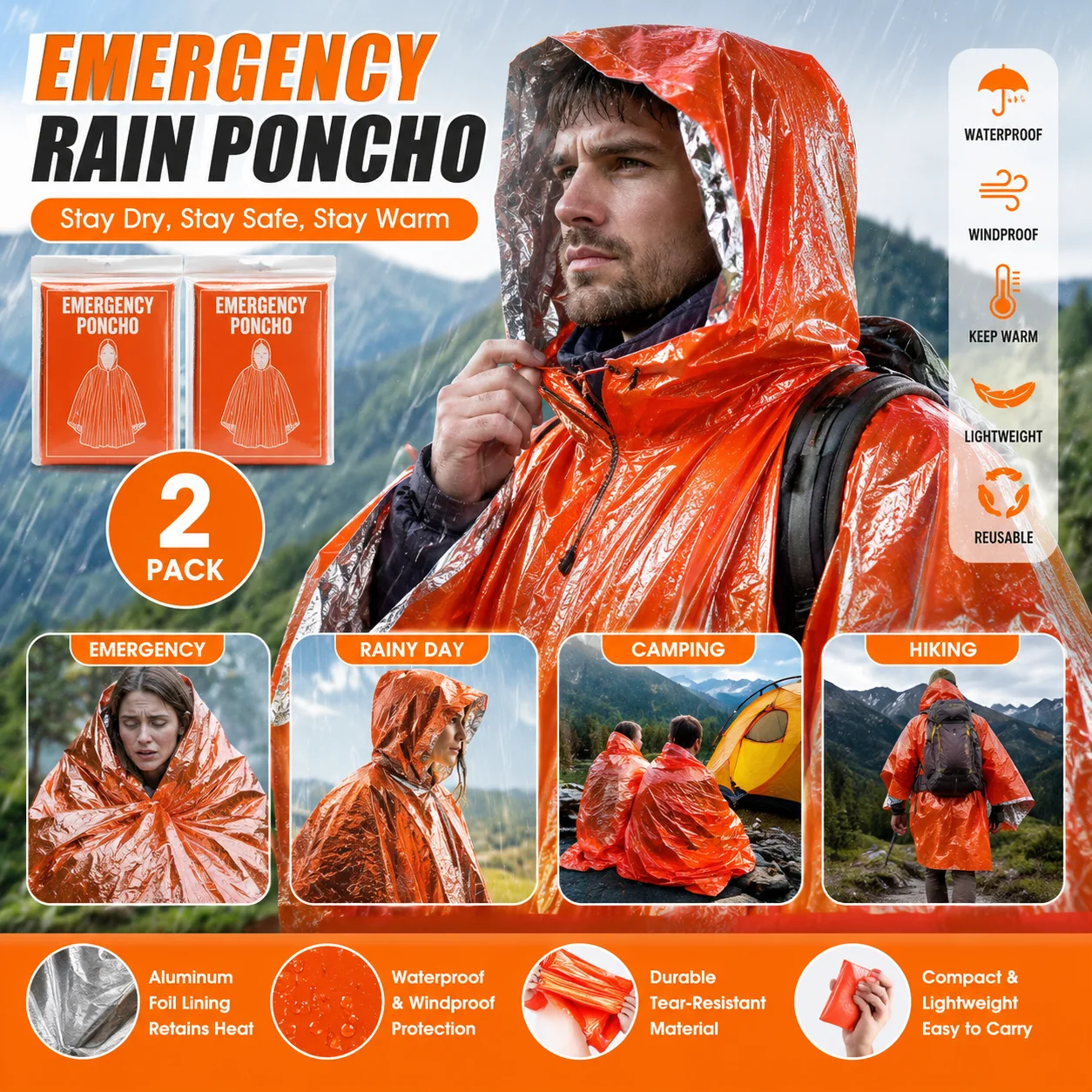 2PCS Emergency Rain Poncho Waterproof Thermal Survival Blanket Disposable Foil Raincoat Camping Hiking Outdoor