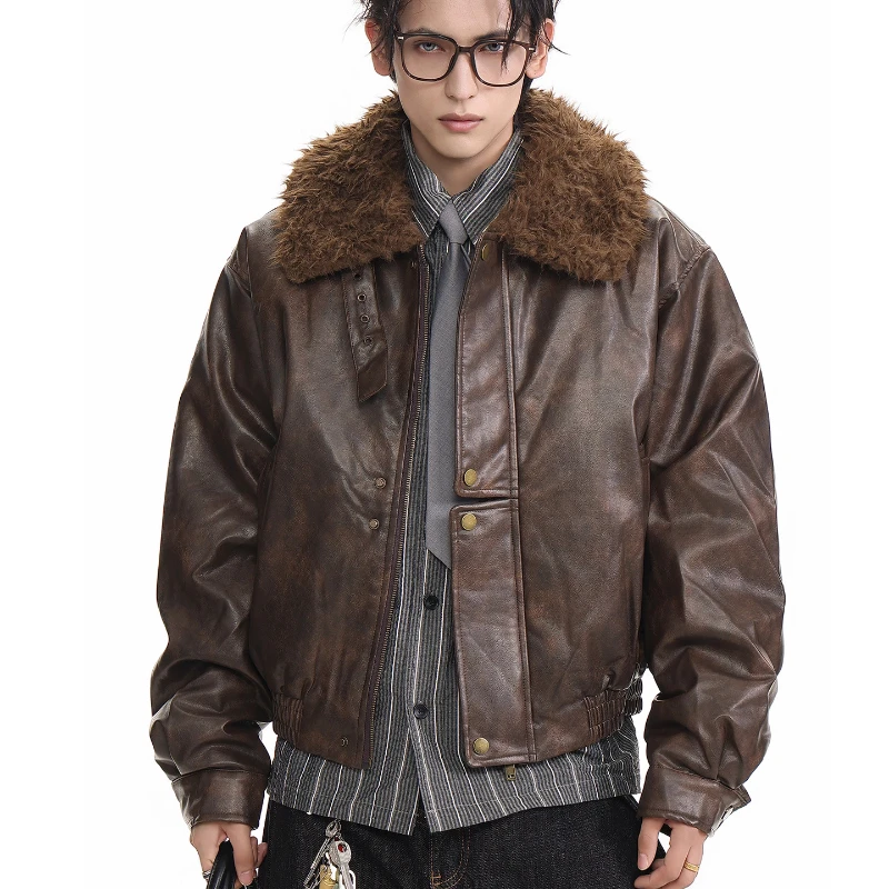 Parka Kulit PU Kerah Bulu Imitasi Trendi Musim Dingin 2025 untuk Pria, Atasan Gaya Motor High Street, Parka Kulit Tebal