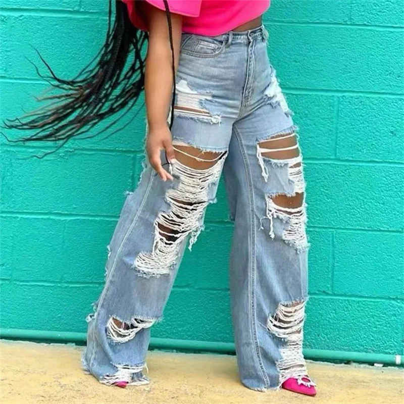 Fashion Front Back Large Holes Straight Jeans Female Casual High Waist Denim Pants Women Sexy Trend Streetwear Loose Trousers