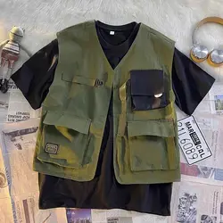 Japanese Boyfriend Summer 2024 New Patchwork V-neck Pocket Fashion Solid Color Loose Minimalist Casual Sleeveless Coats Vest