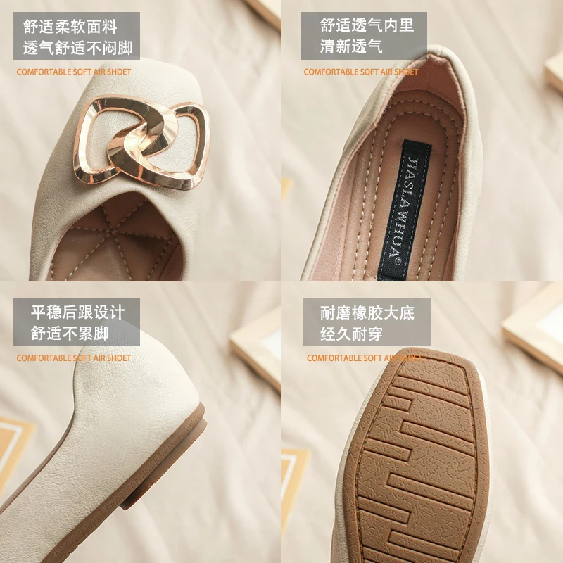 Women Flats Square Head Solid Color Big Size 44 45 46 Summer Spring Lady Shoes Slip on Leather Shoes Flat Heel Loafers 2023 New