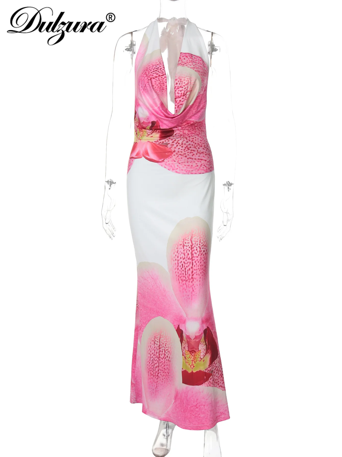 Dulzura col oscillant manches dos nu coupe ajustée à lacets imprimé robe longue Sexy élégant tenue décontractée fête Clubwear tenue d'été