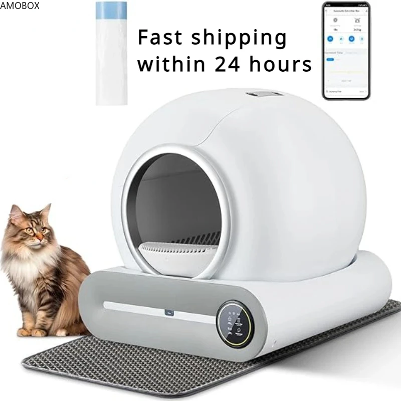 AMOBOX-Self-Cleaning Cat Litter Box Tray,No Scooping Automatic, Large Capcity, Safety Protection, Odor Removal, App Control