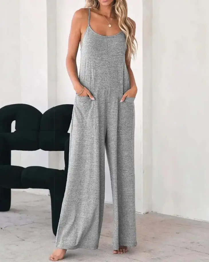 Jumpsuit For Women 2022 Fashion Grey Pocket Design Spaghetti Strap  Casual Home Daily Chic Loose Wide Leg Cami Jumpsuit