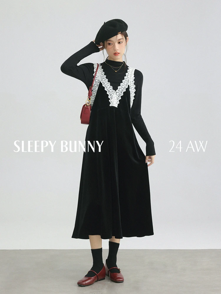 Abito a canotta con scollo a V con finiture in pizzo di velluto Abito lungo senza maniche sottile invernale da donna Elegante abito longuette a trapezio fluido con stratificazione da indossare ogni giorno