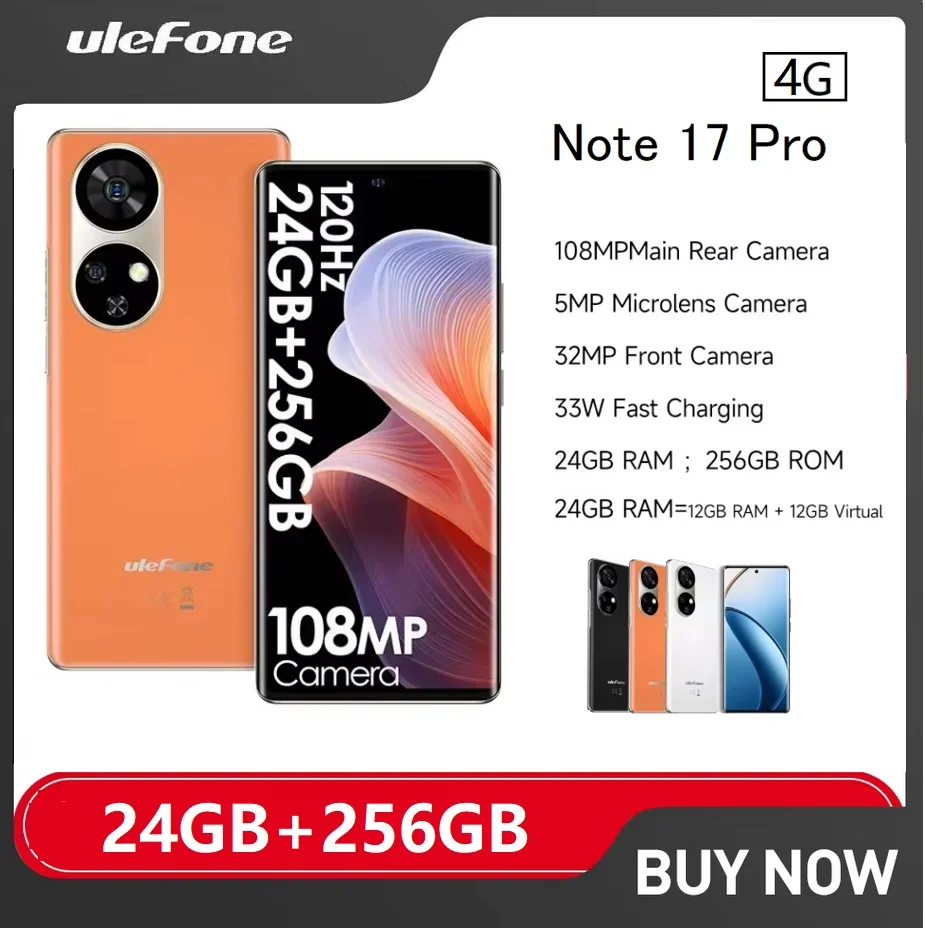 Ulefone Note 17 Pro Smartphone Android 6.78 Inch 120HZ AMOLED Curved Display Octa Core 24GB+256GB 108MP 5050mAh Mobile Phone