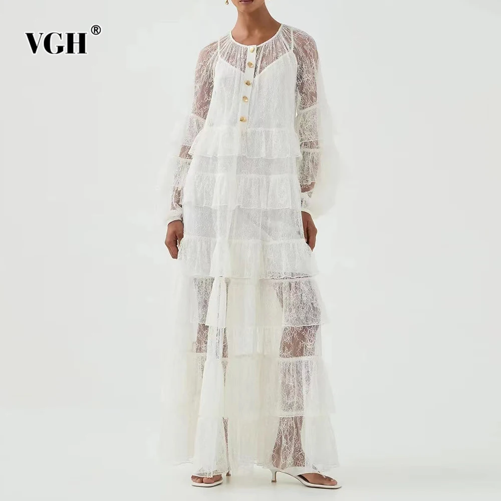 

VGH Black Spliced Tiered Sheer Mesh Cake Dresses for Women O Neck Long Sleeveless High Waist Temperament Dress with Sling Female