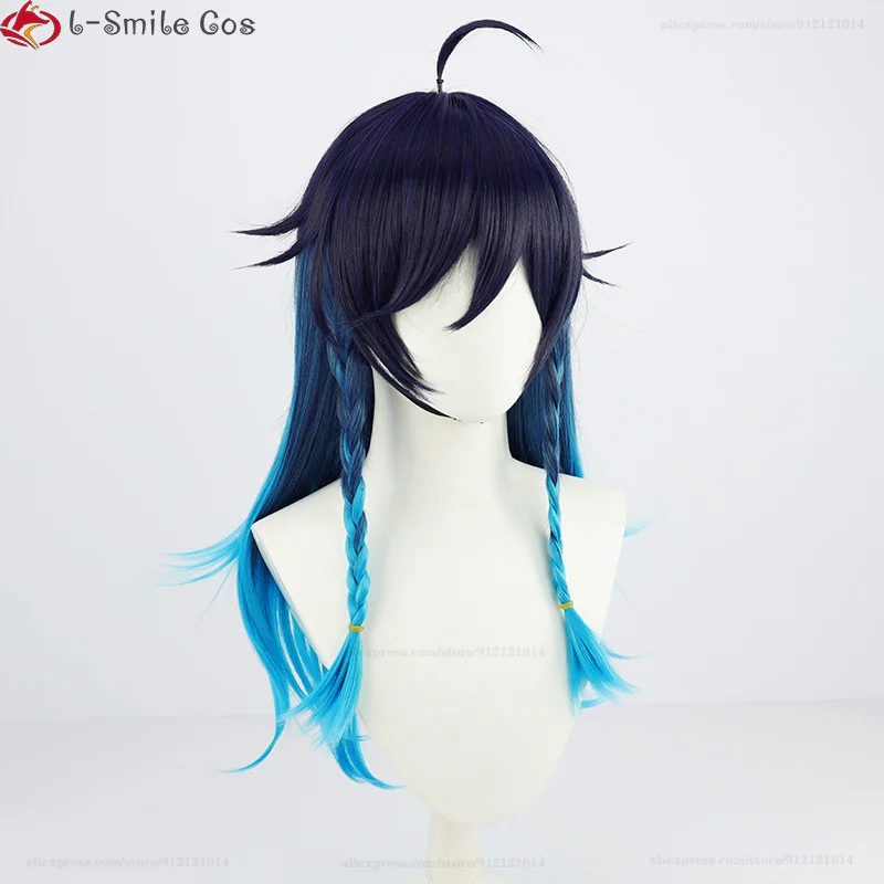 Anime Venti Cosplay Perruque pour Femme, Cheveux Synthétiques, Cheveux Longs Barbatos, Bonnet, Degré de Chaleur, Halloween, 65cm