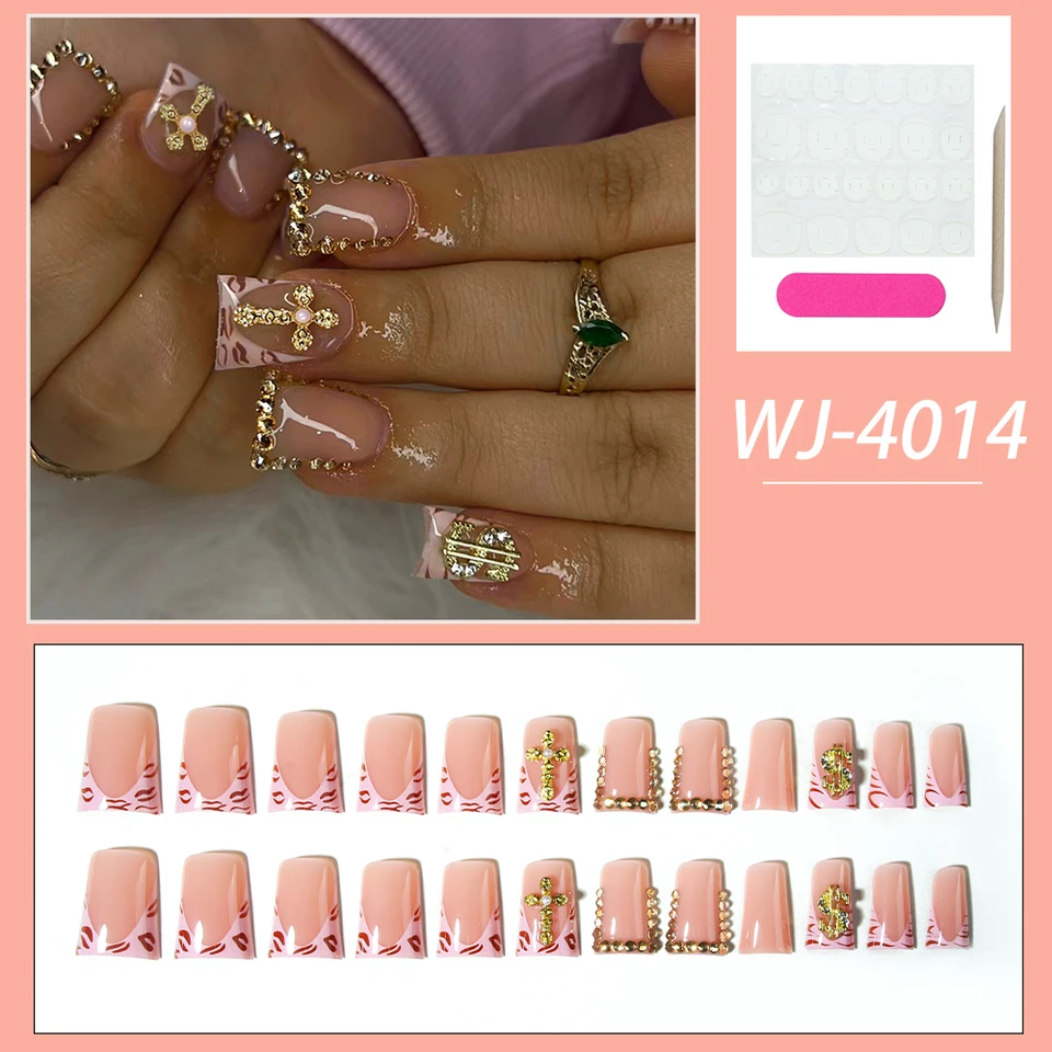 Mejora tu look con 24 uñas Y2K largas tipo pico con cruz 3D y decoración de strass, diseño de punta francesa, uñas postizas largas 6