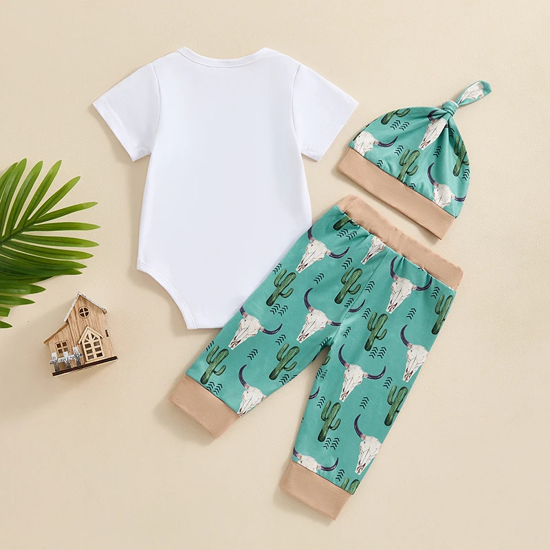 Newborn Baby Boy Girl Western Clothes Yee-Haw Short Sleeve Romper Pants with Hat Set Coming Home Outfit