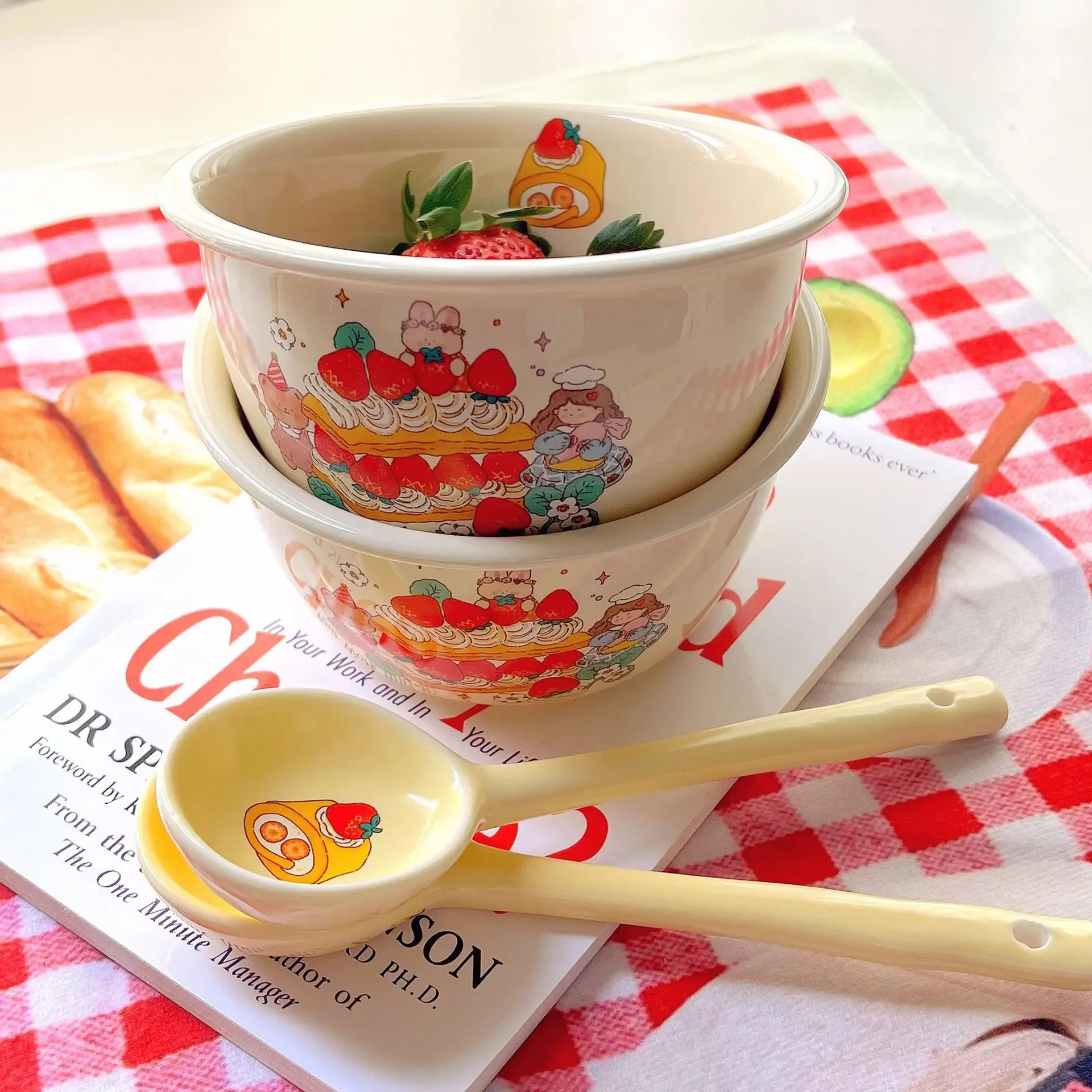 Homemade Cream Strawberry Series Tableware Creamy Rice Bowls Plates Spoons Yellow Ceramic Cutlery Cute Girl Heart Tableware