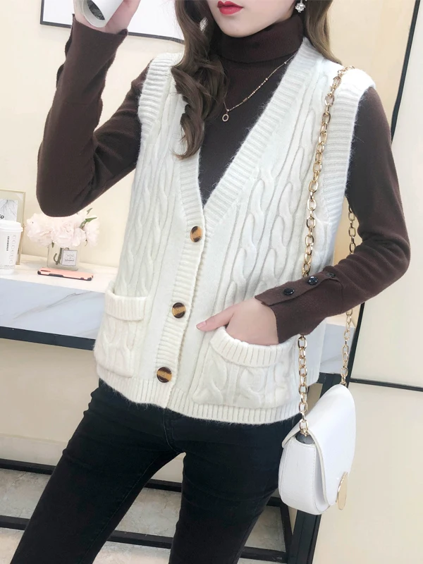 Stylish V-Neck Knitted Sweater Women's Vest Top Trendy Korean Style Autumn Winter New Arrival Button Detail Casual Wear