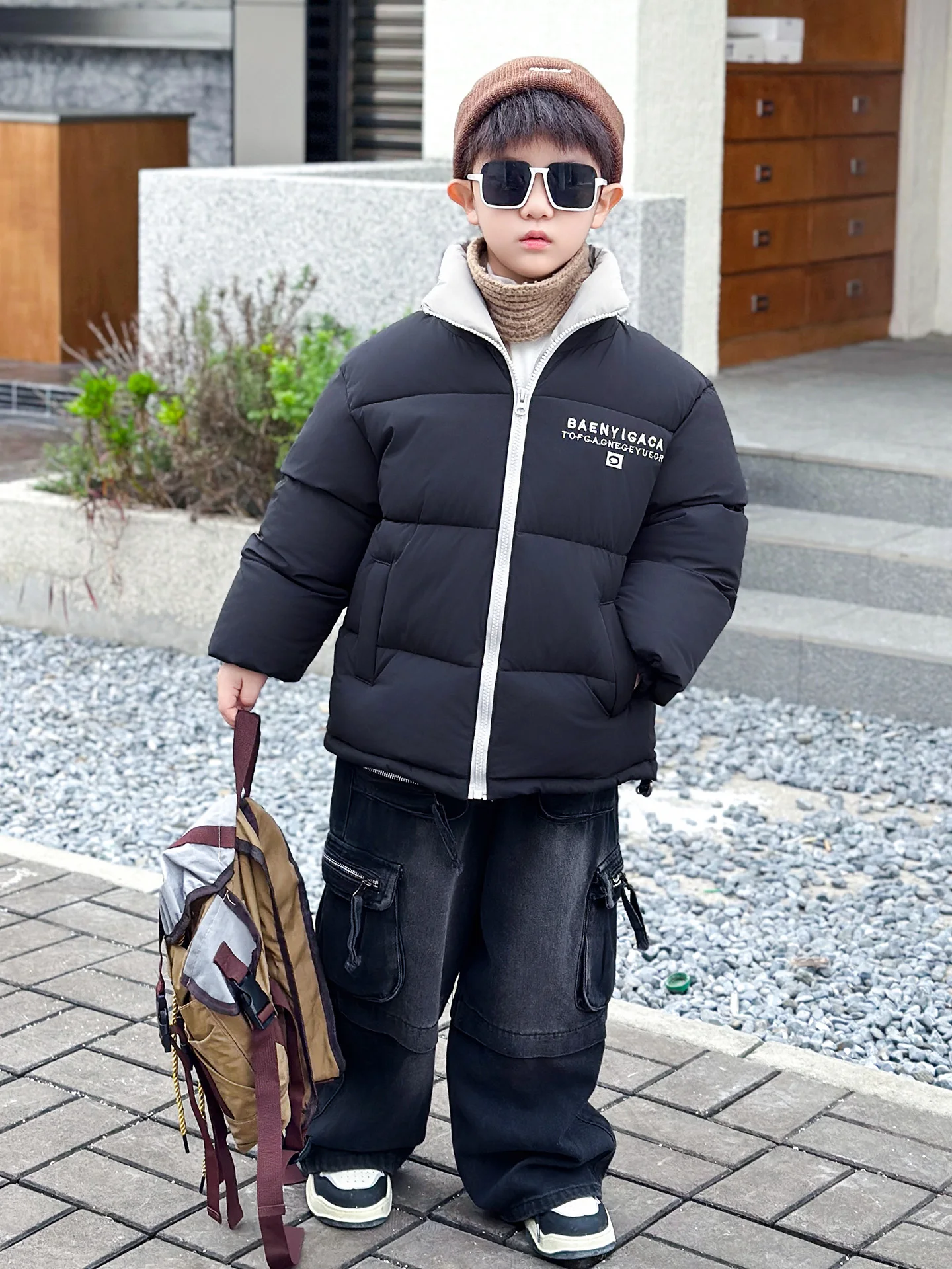 

Утепленная хлопковая куртка для мальчиков с воротником-стойкой, теплая модная зимняя одежда, детская верхняя одежда из полиэфирного волокна с длинными рукавами